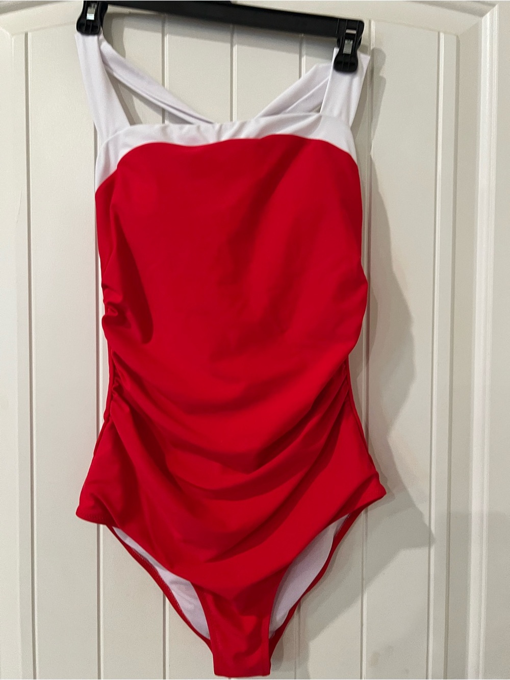 Women’s Red and White One-Piece Swimsuit — Classic Halter Style